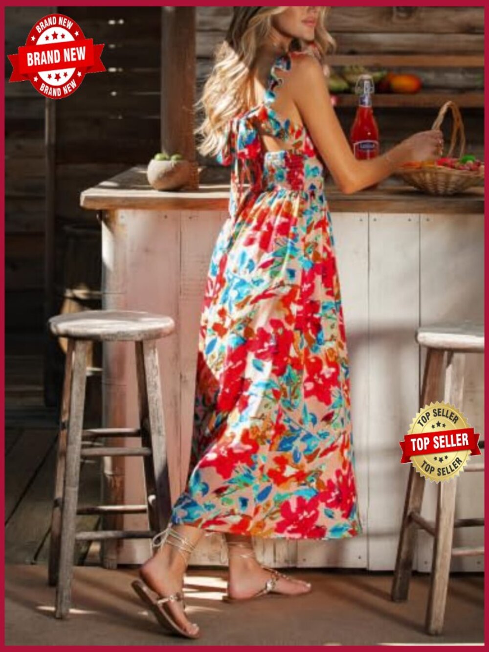 Boho Floral Midi Sundress Square Neck Ruffle Sleeveless Smocked Bow Dress Flowy - Picture 2 of 7